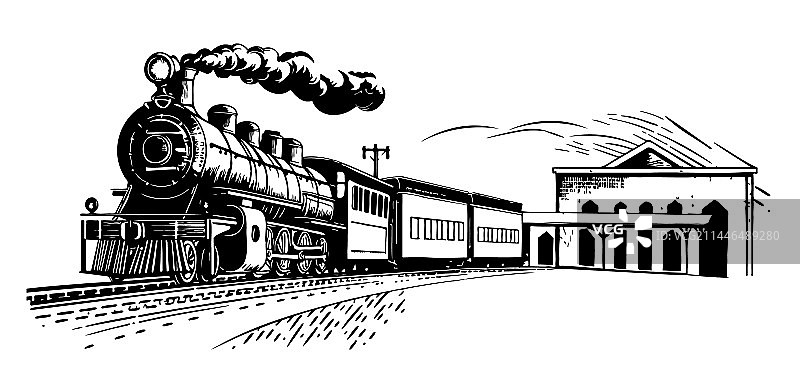 老火车站复古手绘草图图片素材
