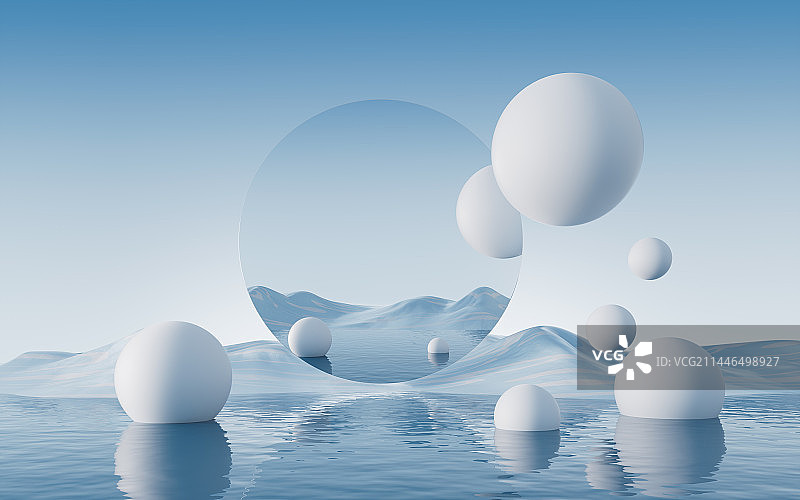 水面与球体超现实背景3D渲染图片素材