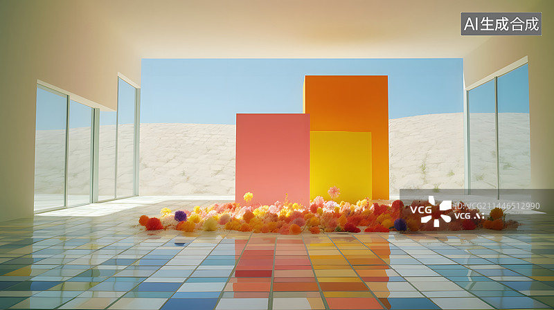 【AI数字艺术】数码科技花朵围绕建筑抽象图形海报网页PPT背景图片素材