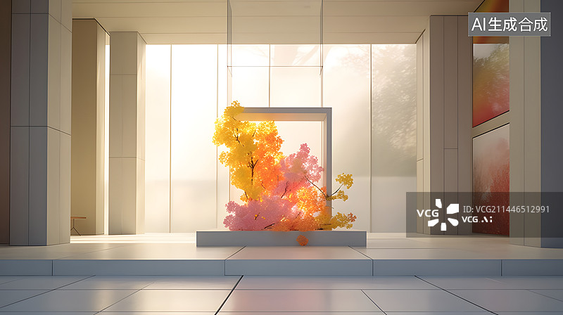 【AI数字艺术】数码科技花朵围绕建筑抽象图形海报网页PPT背景图片素材