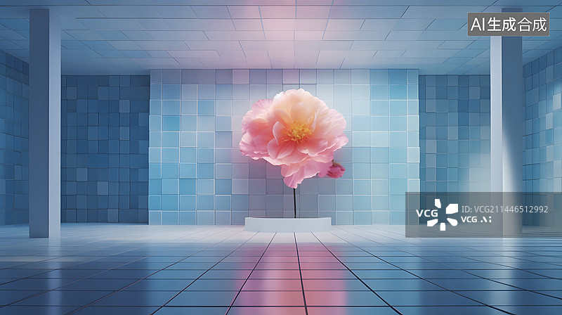 【AI数字艺术】数码科技花朵围绕建筑抽象图形海报网页PPT背景图片素材