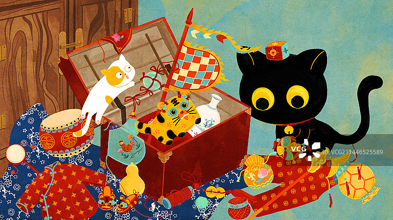 小孩玩具老式物件棉袄布老虎猫木箱柜子蓝花布插画图片素材