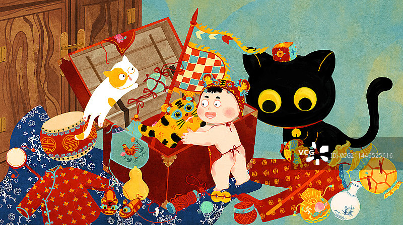 小男孩在老衣箱内翻找布老虎老式物件插画图片素材