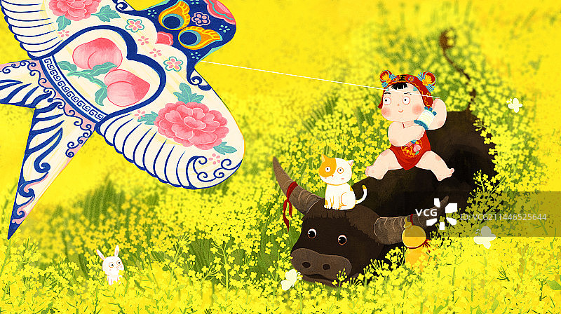 小男孩骑着牛油菜花丛中放风筝猫插画图片素材