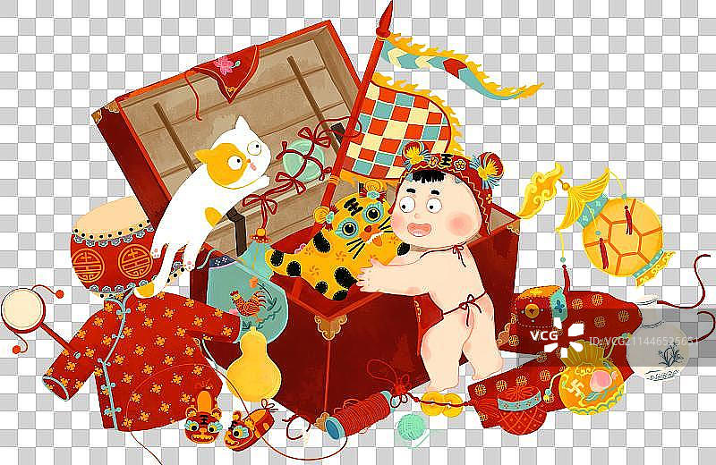 中国小男孩老式木箱百宝箱玩具猫绘本插画图片素材