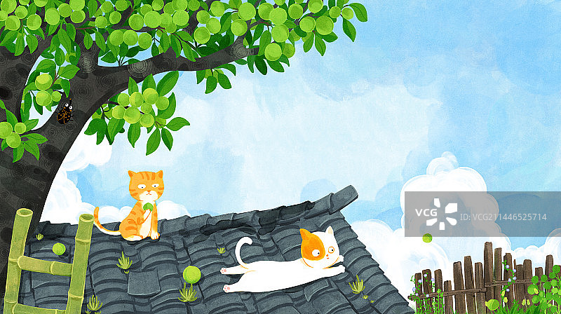 青梅子树瓦房屋顶橘猫白猫栅栏天空云插画图片素材