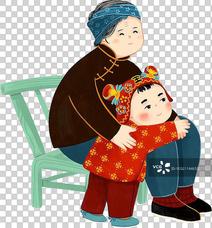 带着虎头帽小男孩依偎着奶奶婆婆插画图片素材