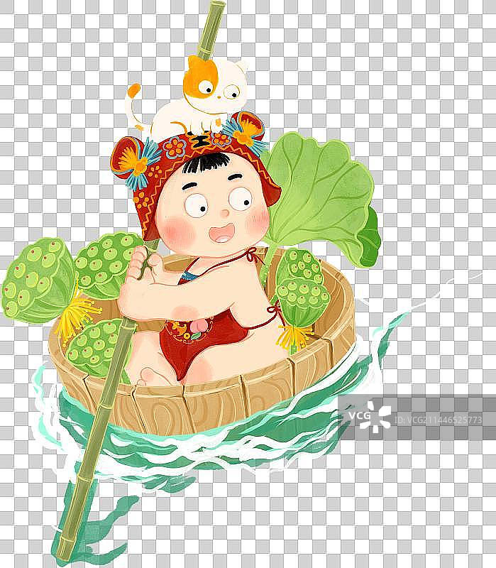 虎头帽红肚兜小男孩小猫莲蓬荷叶木盆插画图片素材