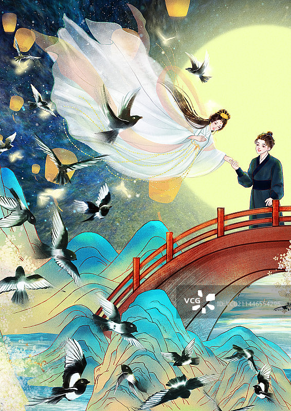 牛郎织女七夕月下鹊桥相约图片素材