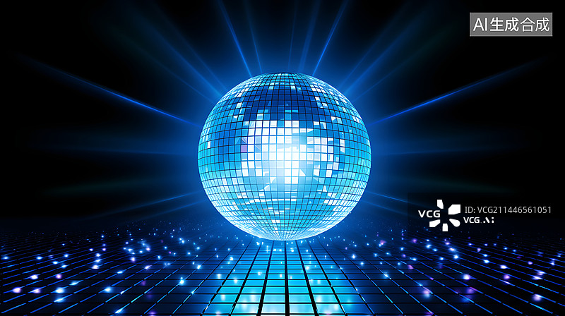 【AI数字艺术】数码发光蓝色迪斯科球抽象图形海报网页PPT背景图片素材