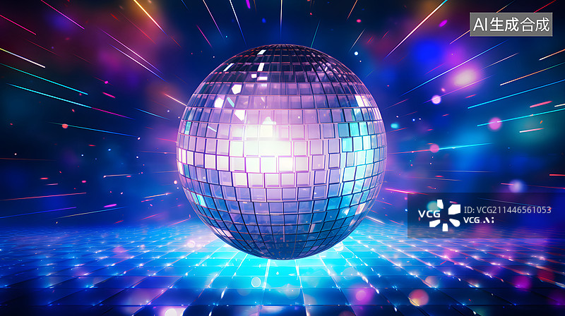 【AI数字艺术】数码发光蓝色迪斯科球抽象图形海报网页PPT背景图片素材