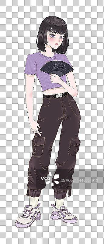 少女帅气站立拿扇子姿势插画图片素材
