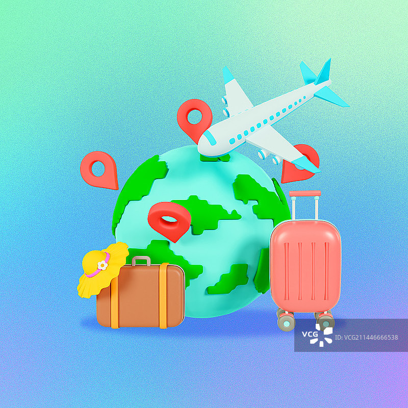 3D立体环球旅行飞机行李插画图片素材