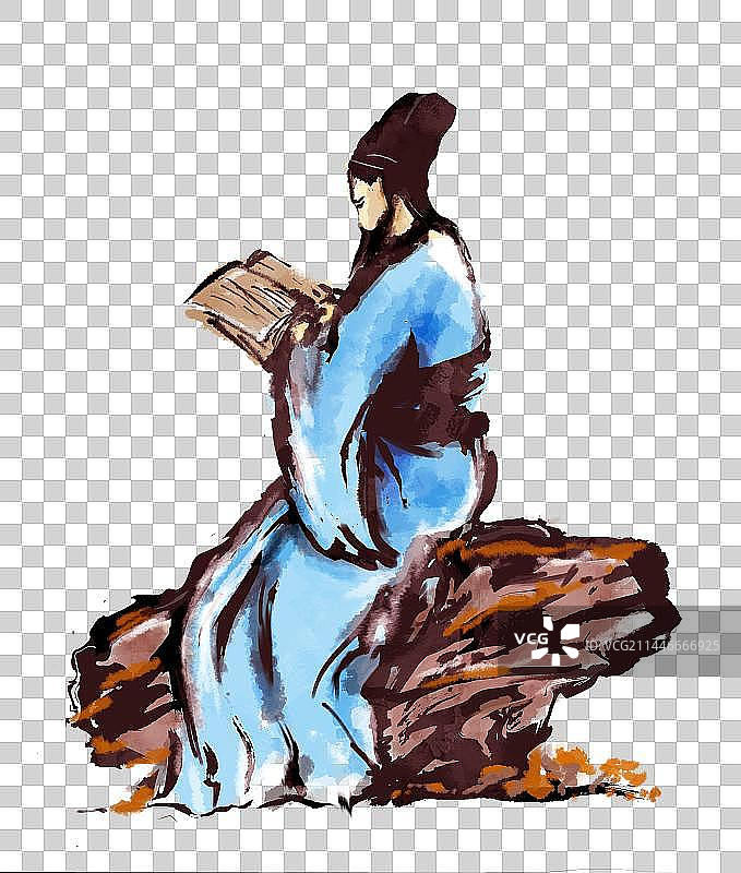 水墨中国风古代诗人苏东坡坐石头上读书图片素材