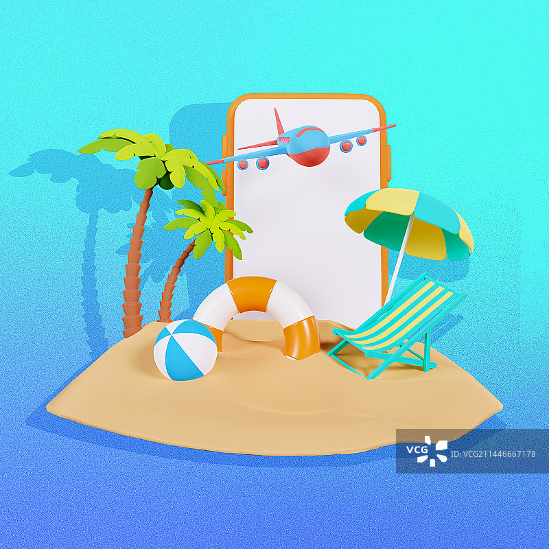 3D立体海边海滩度假旅行飞机椰子树插画图片素材