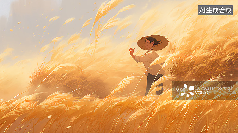 【AI数字艺术】乡村振兴中国水墨画一个农民在水稻农田麦穗中跳舞自由喜庆的乡村场景图片素材