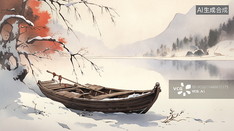 【AI数字艺术】中国风水墨山水雪景图图片素材