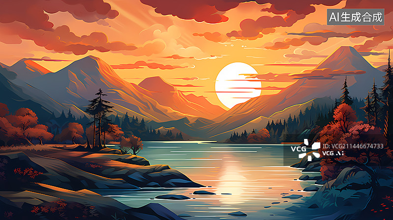 【AI数字艺术】黄昏风景插画图片素材