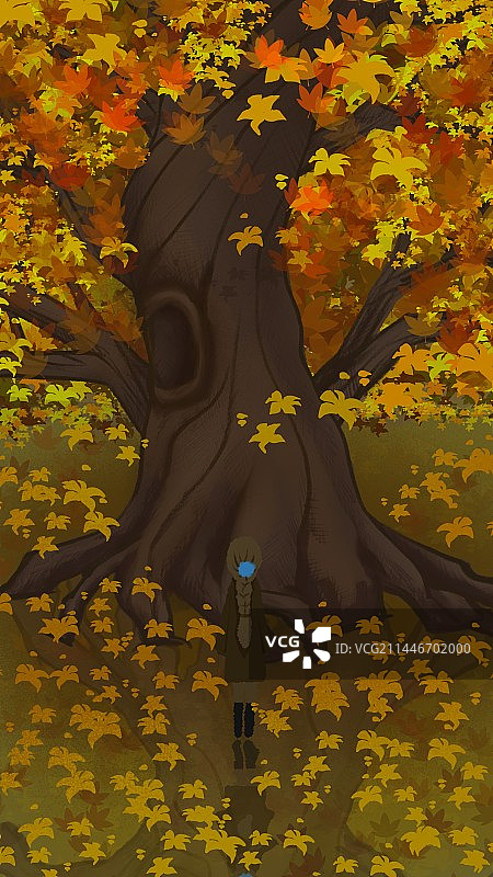 古树的秋与女孩 插画图片素材