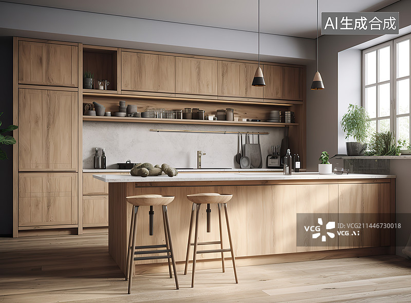 【AI数字艺术】现代开放式厨房室内空间渲染图片素材