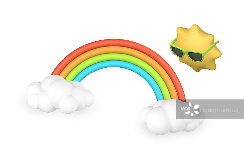 卡通风格的3D彩虹、云朵和太阳图片素材