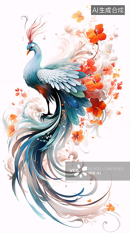 【AI数字艺术】扁平国风装饰中国风插画山海经鸟类凤凰鸟插画设计素材元素图片素材