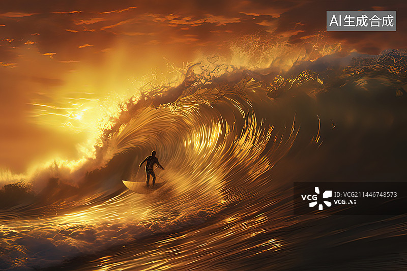 【AI数字艺术】日落海浪中冲浪的人图片素材