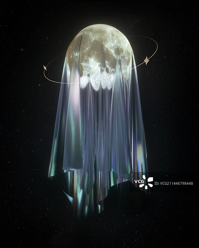 夜空中透明纱布盖住月亮的特写镜头图片素材