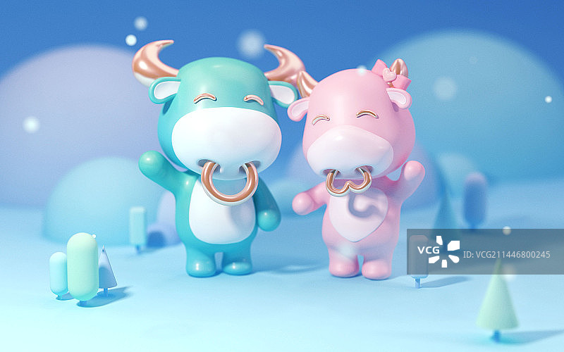 彩色背景下的可爱小牛的特写镜头3D吉祥物IP图片素材