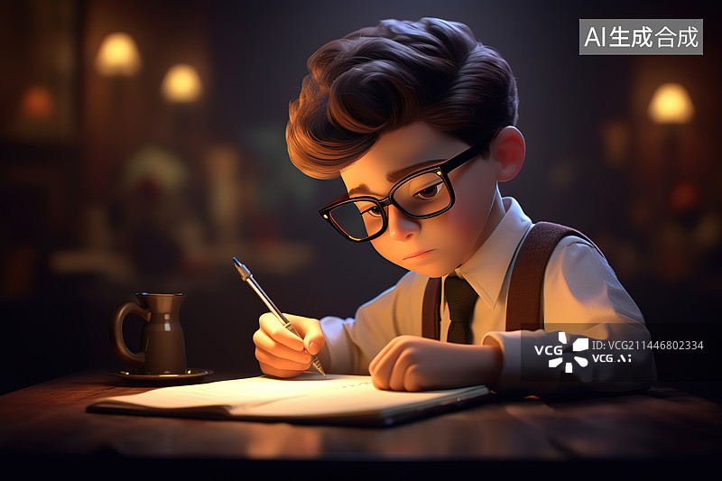 【AI数字艺术】男孩在桌上写字的特写镜头图片素材