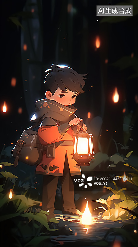 【AI数字艺术】野外户外拿着灯具照明的男生图片素材