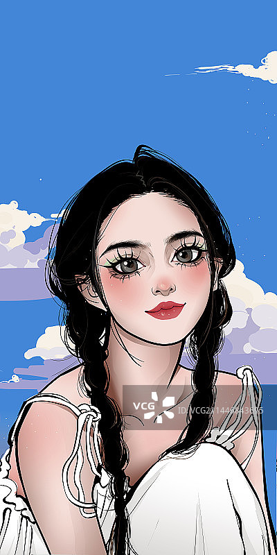 漫画二次元扎辫子的少女美女白裙子直视前方蓝天白云插画图片素材