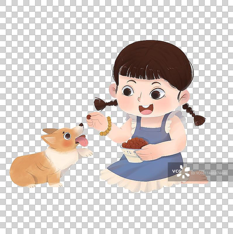 手绘女孩喂东西给柯基吃免抠元素图片素材