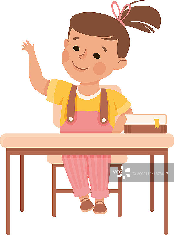 在教室课桌旁举手的可爱女学生图片素材