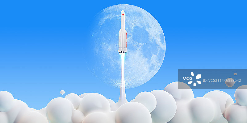 3D卡通简约风格蓝天下的火箭主题插画图片素材