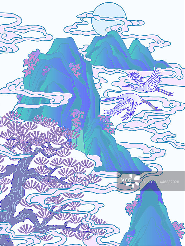传统山水仙鹤插画图片素材