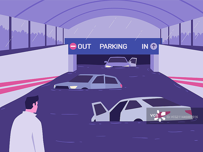 雨季洪水：被淹没的汽车、地下停车场与危险人群图片素材