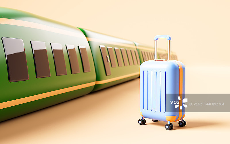 轨道列车与行李箱概念3D渲染图片素材