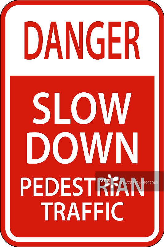 白色背景上的“危险，减速”行人交通标志图片素材