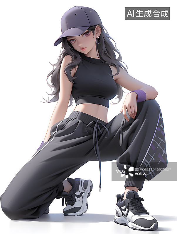 【AI数字艺术】街头嘻哈风格年轻女孩人物插画图片素材