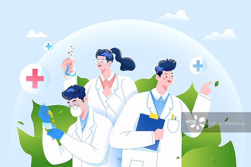 卡通医疗健康中国医师节科研团队医药医学买药看病医保体检治疗预防科普用药挂号医生职业精神渐变矢量插画图片素材