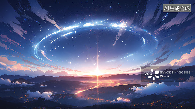 【AI数字艺术】唯美夜空日落光环插画背景图片素材