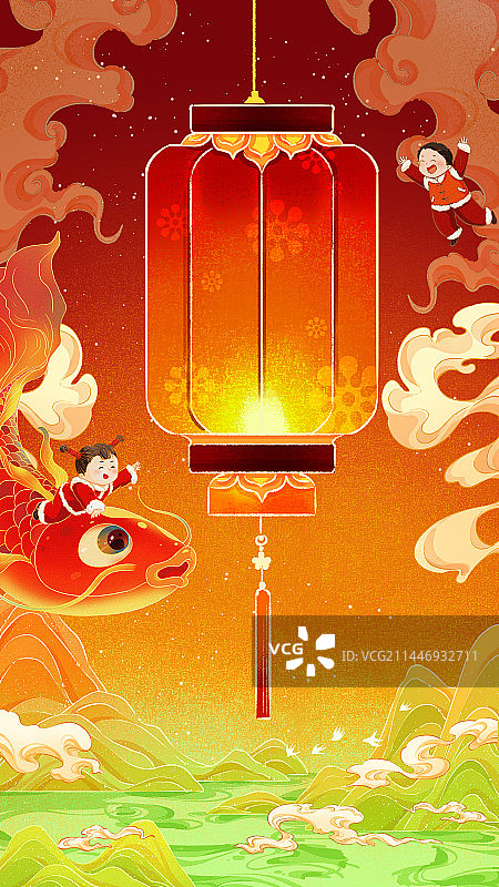 传统国画元宵佳节新年节日插画图片素材