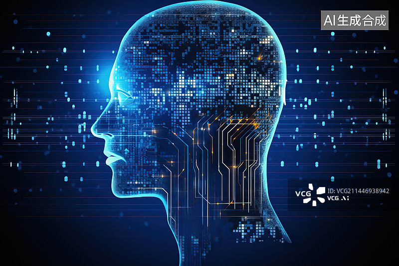 【AI数字艺术】虚拟科技人工智能头像背景 ，带有电路板的抽象几何人头轮廓。图片素材