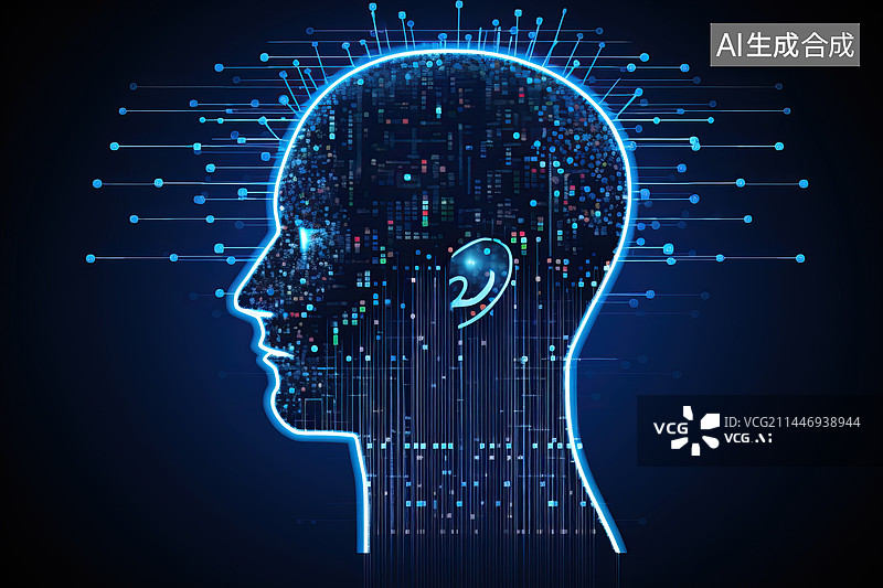 【AI数字艺术】虚拟科技人工智能头像背景 ，带有电路板的抽象几何人头轮廓。图片素材