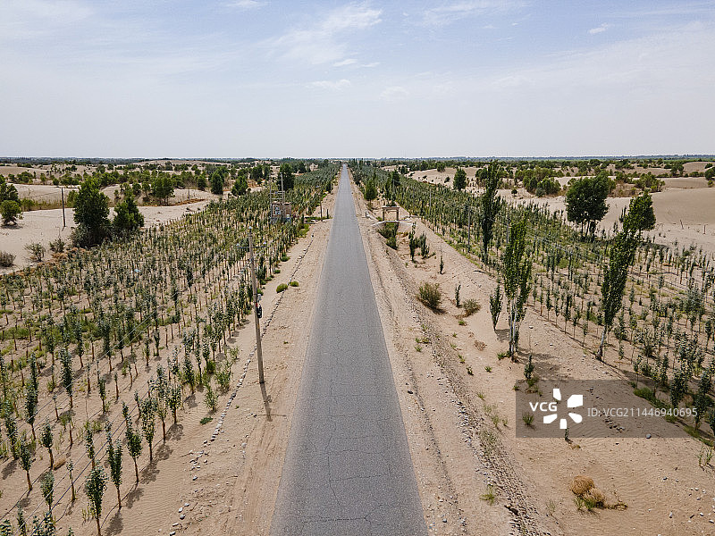航拍新疆和田县的塔克拉玛干沙漠边缘的沙漠公路图片素材