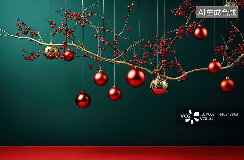 【AI数字艺术】圣诞装饰挂在树上的特写镜头图片素材