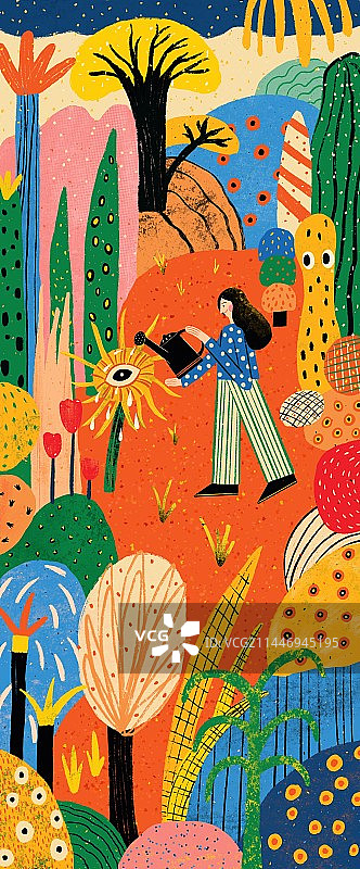 扁平风格打理花园里的植物插画图片素材