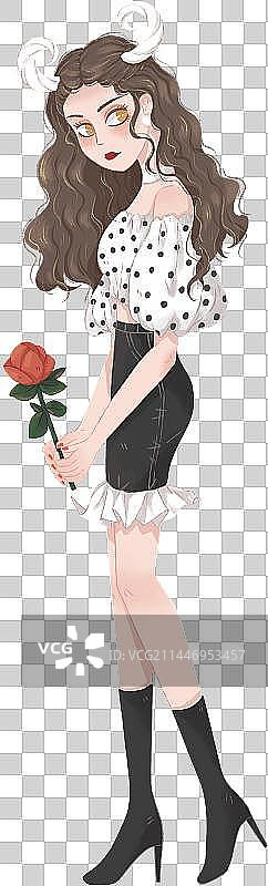 可爱优雅波点连衣裙羊系少女插画图片素材