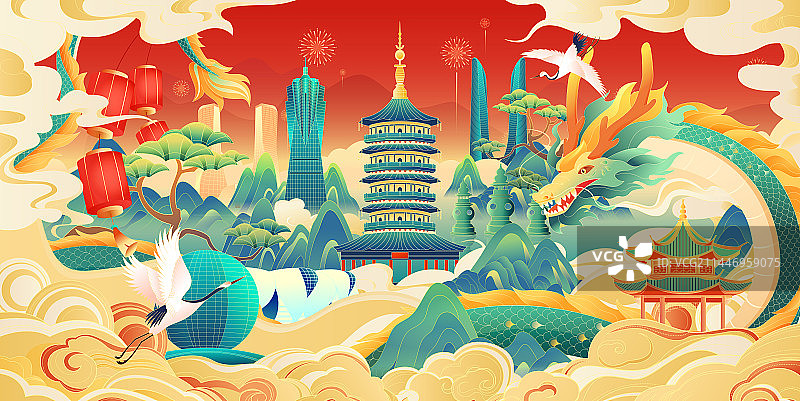 2024盛世龙年国风杭州城市矢量插画海报图片素材